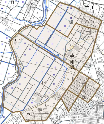 大字金剛坂とその周辺の地図。町の範囲を重ねている