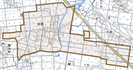 大字前野とその周辺の地図。町の範囲を重ねている