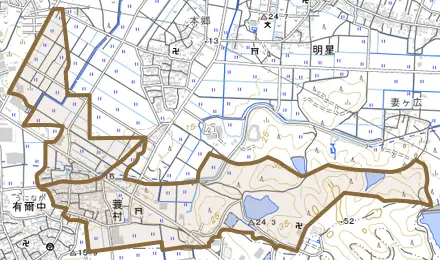 大字蓑村とその周辺の地図。町の範囲を重ねている