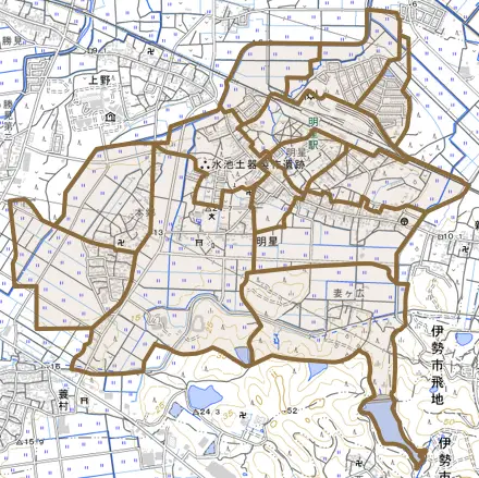 大字明星とその周辺の地図。町の範囲を重ねている