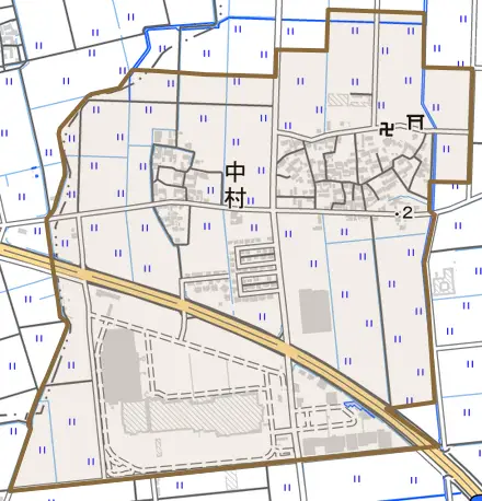 大字中村とその周辺の地図。町の範囲を重ねている