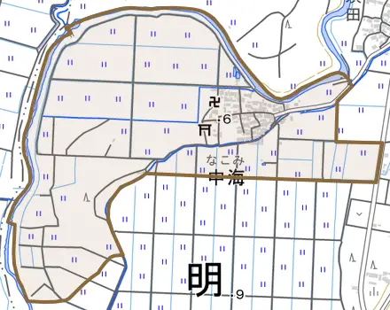 大字中海とその周辺の地図。町の範囲を重ねている