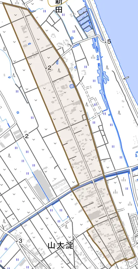 大字大淀とその周辺の地図。町の範囲を重ねている