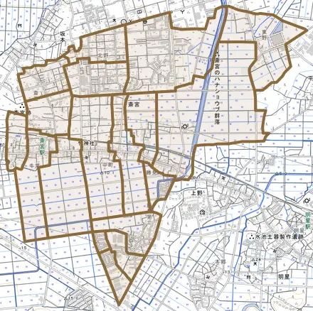 大字斎宮とその周辺の地図。町の範囲を重ねている