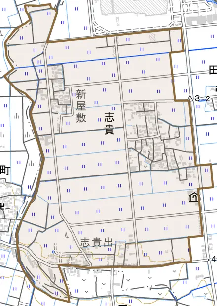 大字志貴とその周辺の地図。町の範囲を重ねている