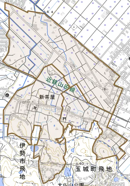 大字新茶屋とその周辺の地図。町の範囲を重ねている