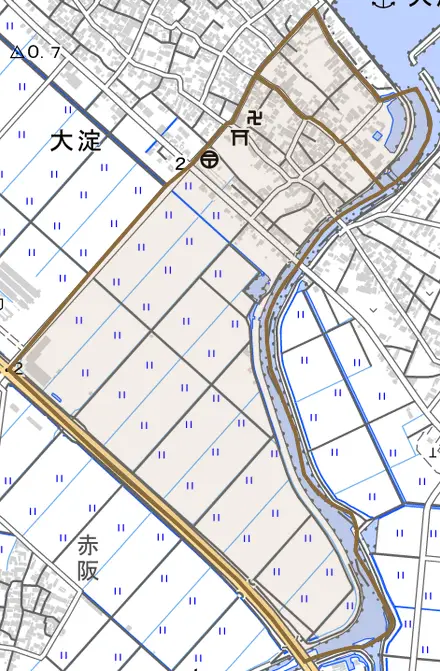 大字大淀乙とその周辺の地図。町の範囲を重ねている
