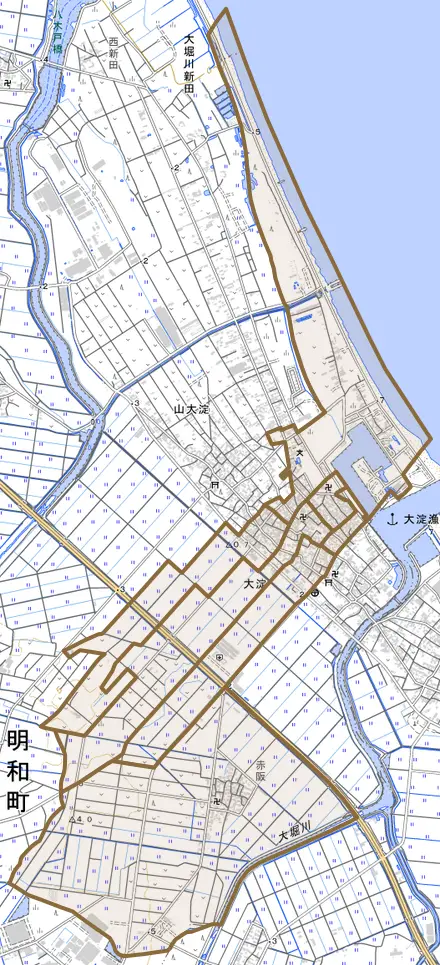大字大淀甲とその周辺の地図。町の範囲を重ねている