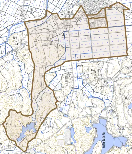 大字上村とその周辺の地図。町の範囲を重ねている