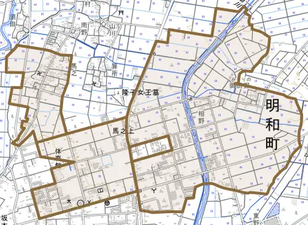 大字馬之上とその周辺の地図。町の範囲を重ねている