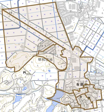 大字有爾中とその周辺の地図。町の範囲を重ねている
