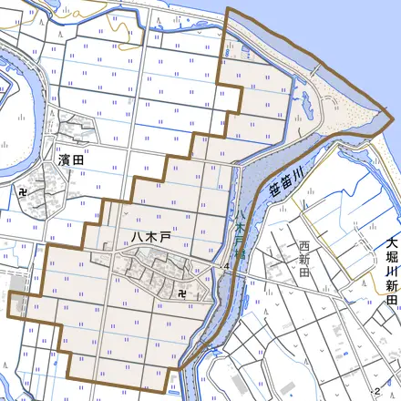 大字八木戸とその周辺の地図。町の範囲を重ねている