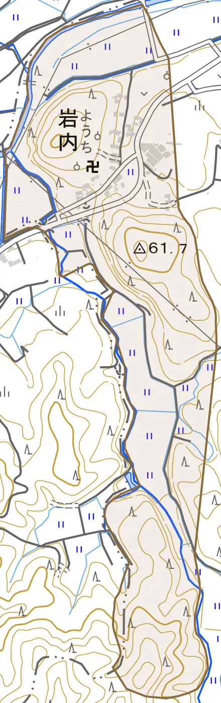 大字岩内とその周辺の地図。町の範囲を重ねている