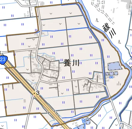 大字養川とその周辺の地図。町の範囲を重ねている