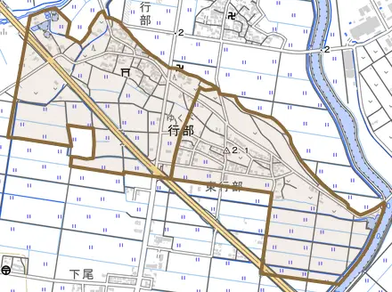 大字行部とその周辺の地図。町の範囲を重ねている