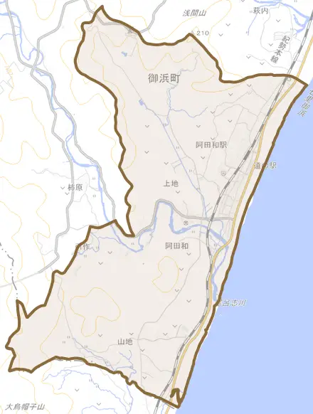 大字阿田和とその周辺の地図。町の範囲を重ねている