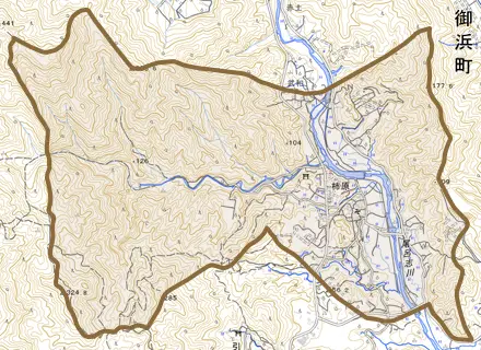 大字柿原とその周辺の地図。町の範囲を重ねている