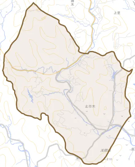 大字上市木とその周辺の地図。町の範囲を重ねている