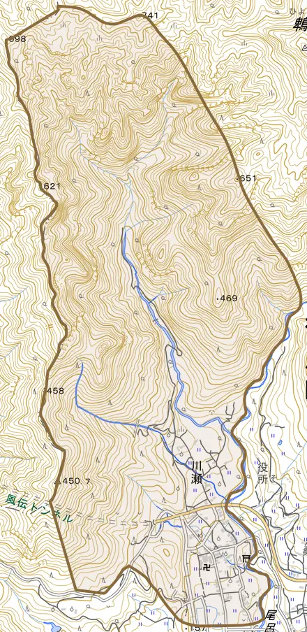 大字川瀬とその周辺の地図。町の範囲を重ねている