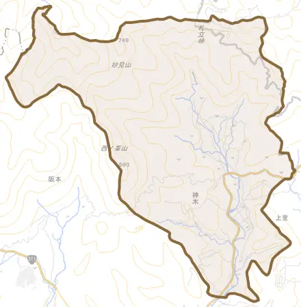 大字神木とその周辺の地図。町の範囲を重ねている
