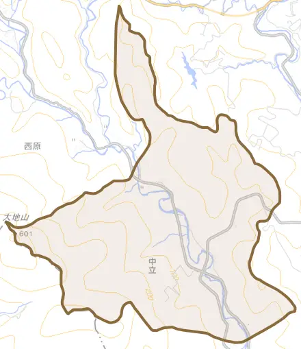 大字中立とその周辺の地図。町の範囲を重ねている