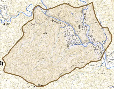 大字西原とその周辺の地図。町の範囲を重ねている