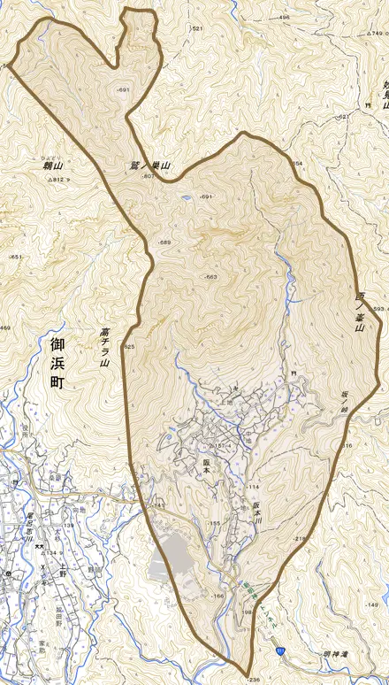 大字阪本とその周辺の地図。町の範囲を重ねている