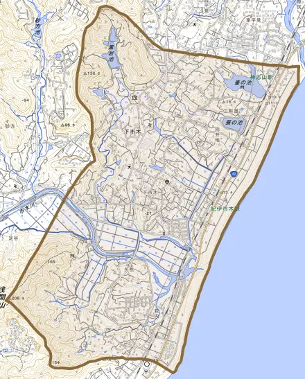 大字下市木とその周辺の地図。町の範囲を重ねている