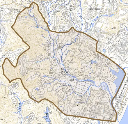 大字志原とその周辺の地図。町の範囲を重ねている