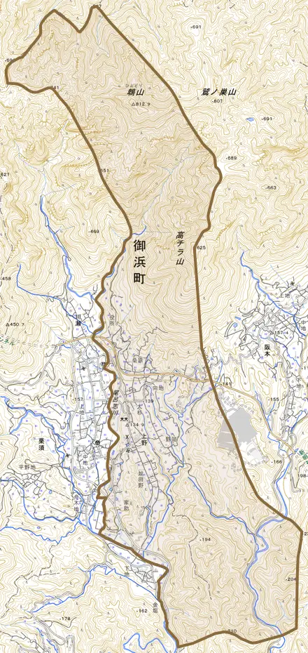 大字上野とその周辺の地図。町の範囲を重ねている
