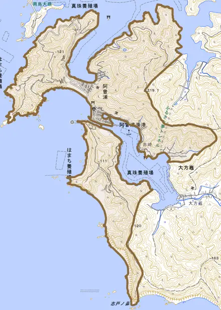 阿曽浦とその周辺の地図。町の範囲を重ねている