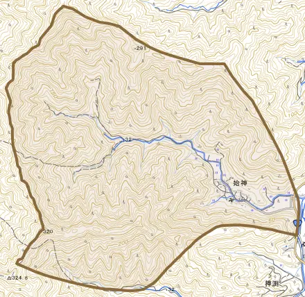 始神とその周辺の地図。町の範囲を重ねている