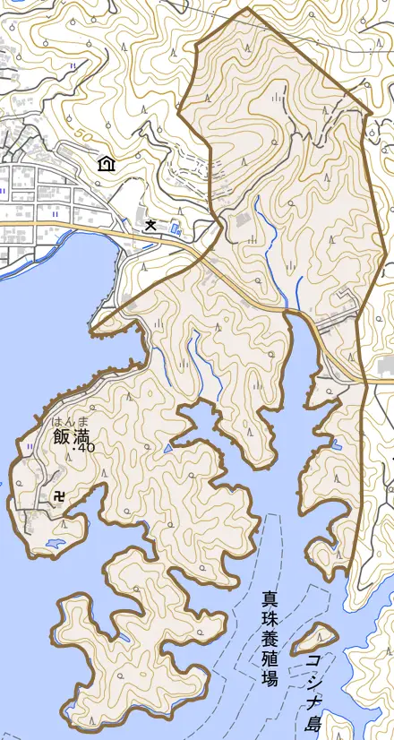 飯満とその周辺の地図。町の範囲を重ねている