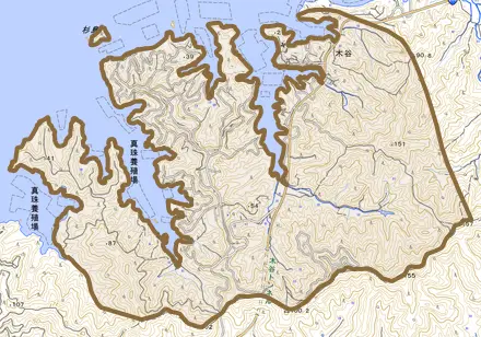 木谷とその周辺の地図。町の範囲を重ねている
