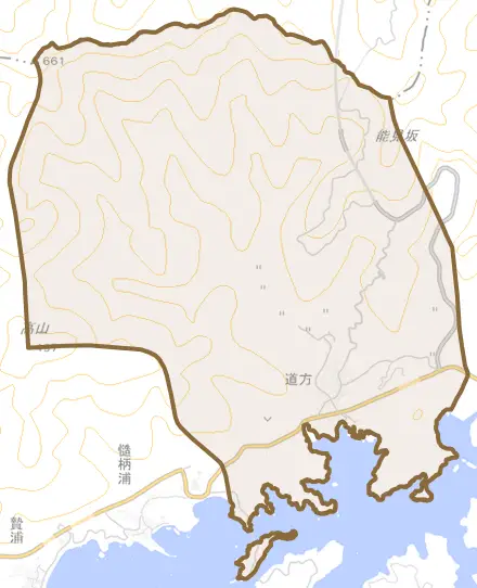 道方とその周辺の地図。町の範囲を重ねている