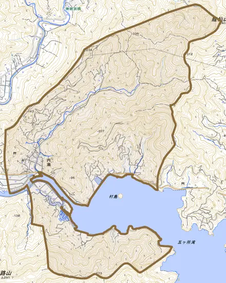 内瀬とその周辺の地図。町の範囲を重ねている