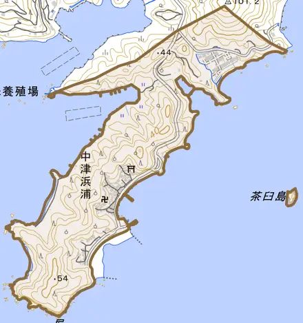 中津浜浦とその周辺の地図。町の範囲を重ねている