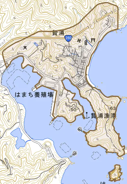 贄浦とその周辺の地図。町の範囲を重ねている