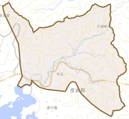 大江とその周辺の地図。町の範囲を重ねている