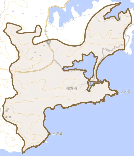 相賀浦とその周辺の地図。町の範囲を重ねている