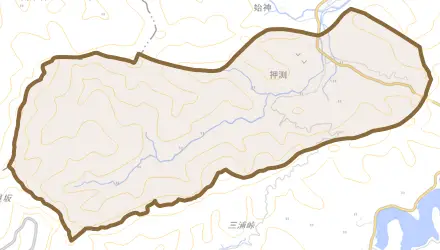 押渕とその周辺の地図。町の範囲を重ねている