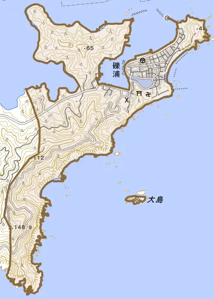 礫浦とその周辺の地図。町の範囲を重ねている