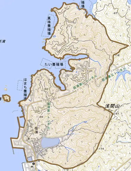 宿浦とその周辺の地図。町の範囲を重ねている