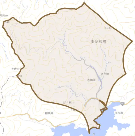 古和浦とその周辺の地図。町の範囲を重ねている