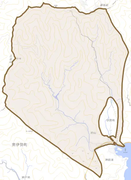 村山とその周辺の地図。町の範囲を重ねている