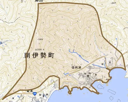 慥柄浦とその周辺の地図。町の範囲を重ねている