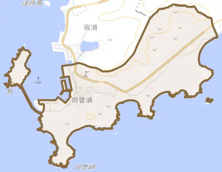 田曽浦とその周辺の地図。町の範囲を重ねている