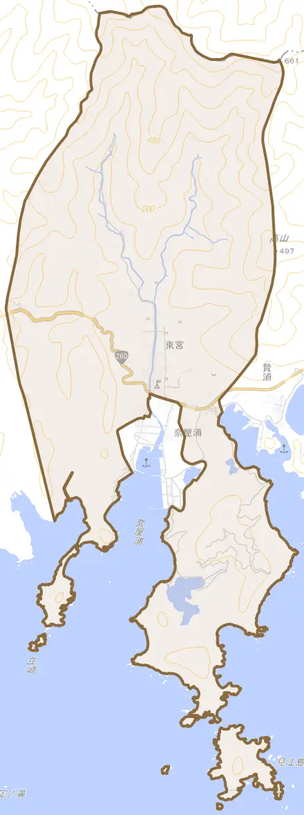 東宮とその周辺の地図。町の範囲を重ねている