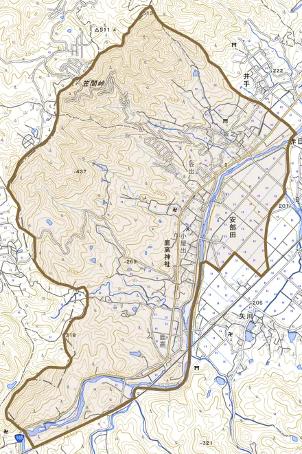 安部田とその周辺の地図。町の範囲を重ねている