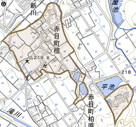 赤目町檀とその周辺の地図。町の範囲を重ねている